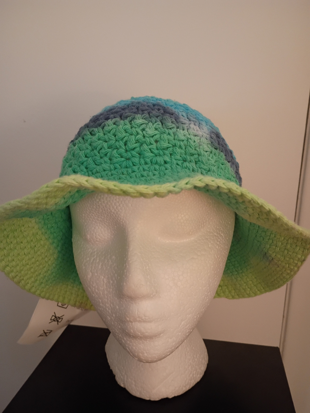 Handmade Crochet Wide Brim Sun Hat - Green & Blue Gradient